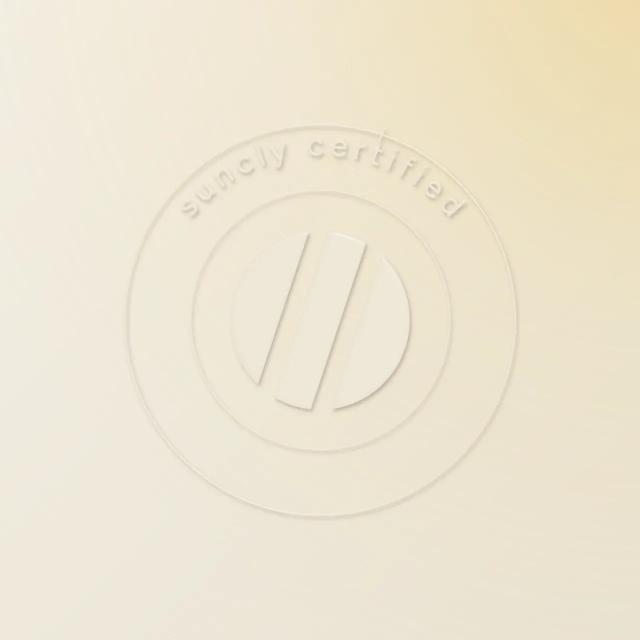 The Suncly Certified badge blind-embossed in heavy paper. A specimen.